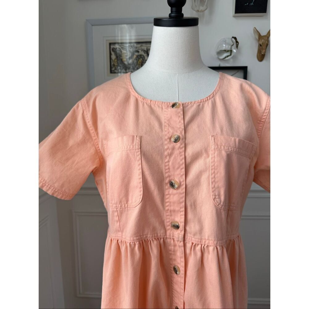Vintage 80s Fads 100% Cotton Button Front Dress Peach Orange L - Picture 2 of 7